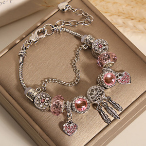 <span class=keywords><strong>Bracelet</strong></span> à breloques attrape-rêves réglable plaqué <span class=keywords><strong>argent</strong></span> <span class=keywords><strong>pas</strong></span> <span class=keywords><strong>cher</strong></span>, perles à gros trous, chaîne serpent, pendentif cœur en cristal pour femmes - Product Image 2