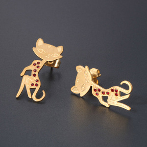 Cartoon Cat <b>Stud</b> Earrings Gold Plated <b>Titanium</b> Steel Animal Zodiac Jewelry For Women CF081 - Product Image 2