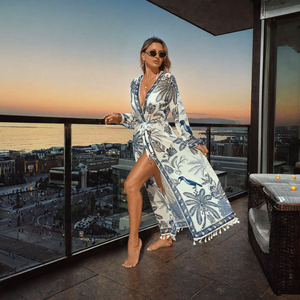 Copricostume da donna con stampa floreale, vestito lungo a maniche lunghe in pizzo, vita naturale, copricostume da spiaggia estivo con nappe, OEM - Product Image 1