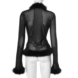 Abbigliamento Femminile di Alta Qualità, Lussuosa Maglietta a Maniche Lunghe in Rete Trasparente con Pelliccia - Product Image 2
