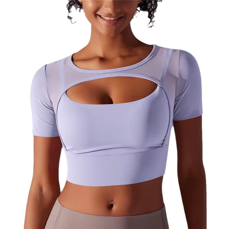P090 Custom Stitching Breathable Bras Sexy Double-Layer Short-Sleeved Suspender Gathered for Running Fitness Yoga Cloth