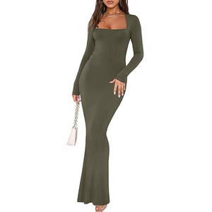 Nuevo Vestido Largo Casual Sexy con Cuello Cuadrado y <span class=keywords><strong>Manga</strong></span> <span class=keywords><strong>Larga</strong></span>, Vestido Largo Ajustado de Cintura Alta con Textura Acanalada en Color Sólido para Otoño - Product Image 3