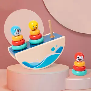 HOYE CRAFTS Popular Cartoon Shape Colorful Blocks Nesting Circle Toy Wooden Stacking Ring Tower for kids