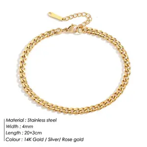 4mm Modeschmuck Edelstahl Fußkettchen Herren 14 Karat vergoldete kubanische Kette Knöchel Armbänder für Frauen