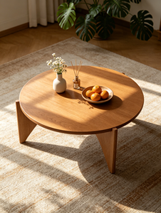 Mesa de Centro de Madera Maciza Redonda con Patas Curvas Triangulares, Estilo Japonés Minimalista para Sala de Estar - Product Image 3
