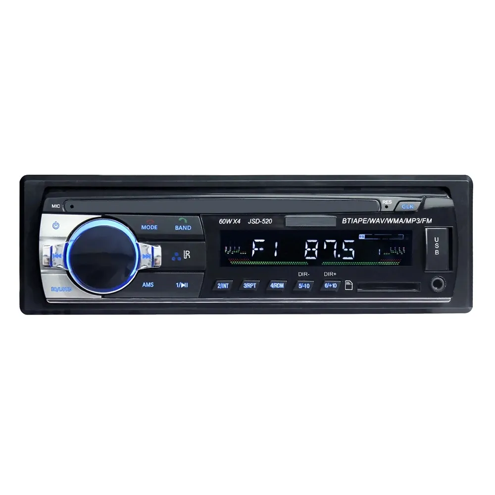 JSD520 DC12V Bluetooth som de carro com painel interno 1 Din FM Aux Suporte de entrada Mp3/MP4 USB MMC WMA AUX IN TF rádio player