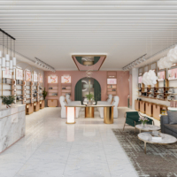 Comptoir de réception incurvé Sundo pour salon de beauté, en MDF blanc, avec logo gravé sur mesure, rénovation clé en main pour salon de beauté