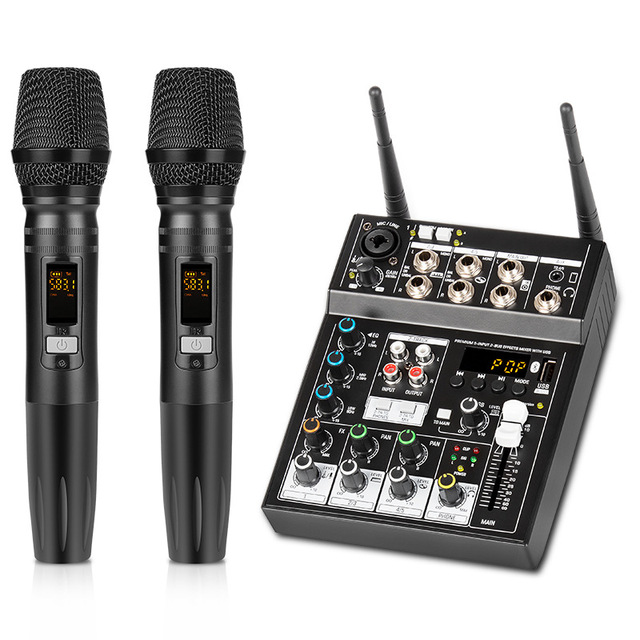 GT-502 Professional 4-Channel Audio Mixer with Dual Wireless Microphones for Karaoke