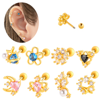 Maina Blue Pink Zircon Earlobe Ear Stud Flower Style Externally Thread Cartilage Earrings Gold Plated Tragus Piercing Jewelry
