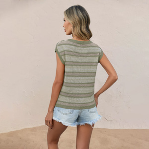Top de punto a rayas para mujer, cuello redondo holgado, fino, suave, informal, a la moda de verano - Product Image 4