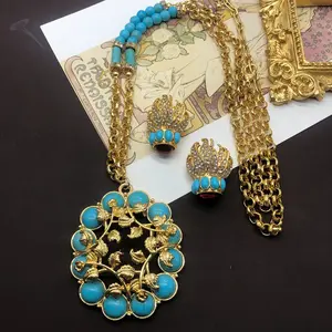 Vintage Diamond Classic Hollow Carving Design 1gram Gold Plated Turquoise Stone Pendant Long Necklace Stud Earrings Jewelry set
