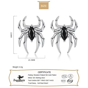 TrustDavis Real 925 Sterling Thai Silver Gothic Black Spider Charm Stud Earrings For Women Hallowmas Gift Jewelry DF081