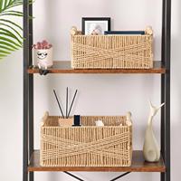 Cesta de Almacenamiento Rectangular de Cuerda de Papel Ecológica Moderna al por Mayor con Asas de Madera, Multiusos para el Hogar y Dormitorio