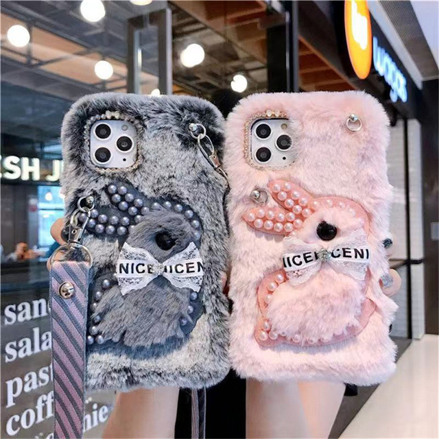 2022 New Plush Warm Soft Tpu Phone Case Diamond Pearl Rabbit Bear Rabbit Fur Phone case Tecno Pop 5 Pro for iPhone 12 13 Pro Max