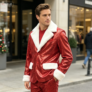 Costume de Noël pour <span class=keywords><strong>homme</strong></span> East Costumes, veste à paillettes rouge, blazer de Père Noël, col et poignets en fausse fourrure, poches, <span class=keywords><strong>tenue</strong></span> de fête festive - Product Image 5