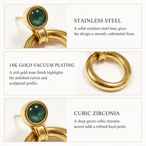 Boucles d'oreilles pendantes circulaires en zircone cubique verte pour femmes, boucles d'oreilles imposantes en acier inoxydable avec placage sous vide en or 14 carats - Product Image 2