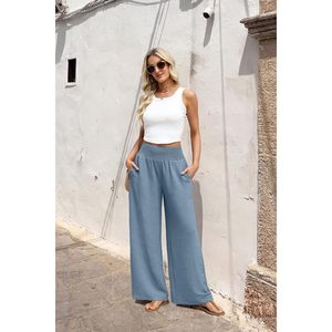 Pantalones Anchos de Cintura Alta para Mujer con Bolsillos, Casuales, Transpirables, Mezcla de Algodón y Spandex, Diseño Simple - Product Image 5