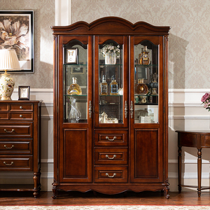 Retro Solid Wood <strong>Mini</strong> Wine Cabinet - American Country 3-Door Glass <strong>Sideboard</strong> | Living/Dining Multi-Functional Display - Product Image 1