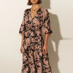 High Quality Floral Tunic Sleeveless Linen Dress Boho Vacation Plus Size long Sleeve Women'S Casual Elegant Maxi Dresses