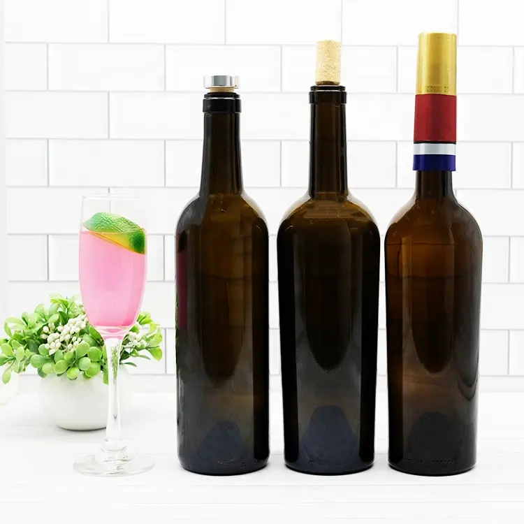 Antike 375ml 500ml Amber Green Glas Rotwein flasche mit T-Cork Stopper 750ml Weinglas flasche für Bordeaux