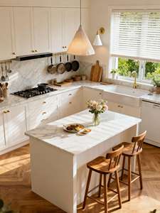 خزائن مطبخ مطلية بأسلوب فرنسي-اسكندنافي قابلة للتخصيص مع جزيرة، مناسبة للشقق والفلل - Product Image 1