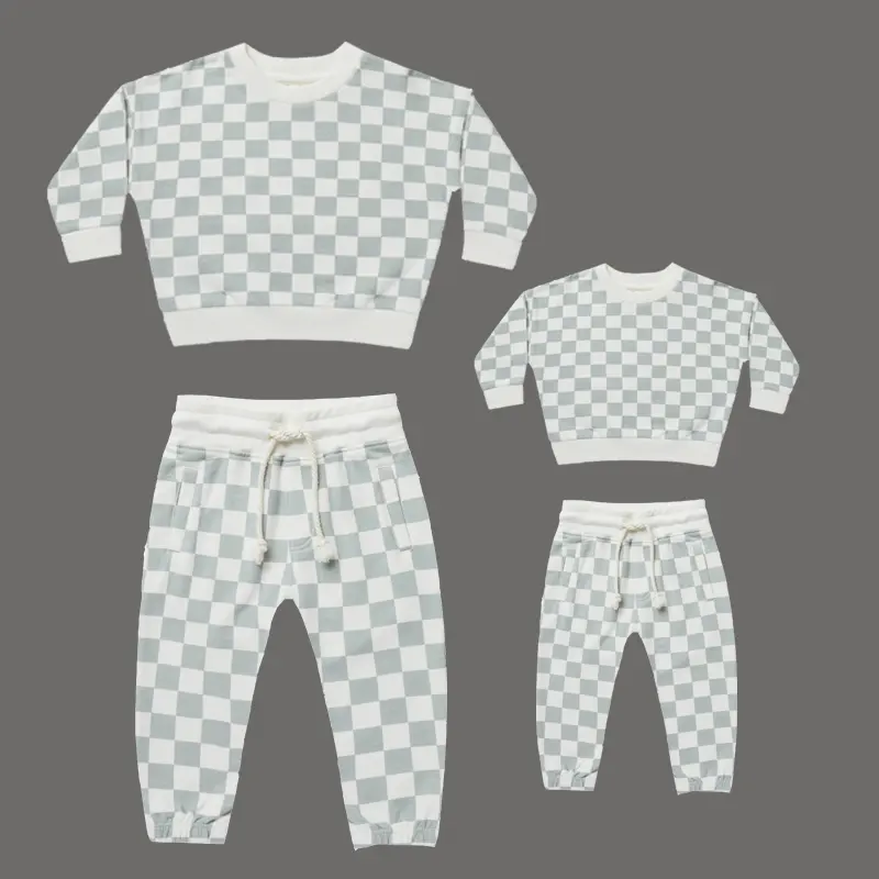 Sweat-shirt à carreaux pour famille, ensemble pull-over et pantalon de survêtement, personnalisé, en coton, tenue de salon 2 pièces