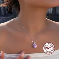Romantische 925 Sterling Zilver 8A Top Zirkoon Sprankelende Roze Hartvormige Hangertjesketting voor Vrouwen Valentijnsdag Cadeau