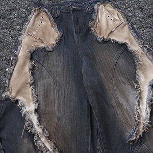 Celana Jeans Pria Cotton Fashion Nova Rajutan Musim Dingin Streetwear Pinggang Tinggi Custom Pita Rumbai Lubang Patchwork Model Kaki Melengkung - Product Image 6