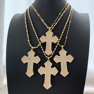 Kalung Salib Kristen Tk-L610, Kalung CZ Baguette & Bulat Berkilau, Liontin Salib Besar Unisex, Kalung Rantai Emas - Product Image 2
