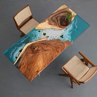 Table de salle à manger en bois massif et résine époxy, faite sur mesure, bord naturel, thème Océan Plage, paysage de vagues 3D, mobilier d'art pour la maison