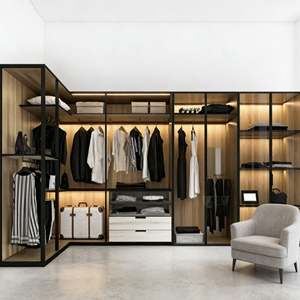 Luxury Glass Sliding Door Wardrobe Custom Bedroom Closet with Aluminum Frame LED Strip and Full Height Storage Combination - Product Image 4