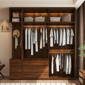 Système de placard de chambre Japandi en noyer et rotin, avec armoire supérieure, tiroirs, zone à crochets, montage facile, taille personnalisable, du sol au plafond - Product Image 2