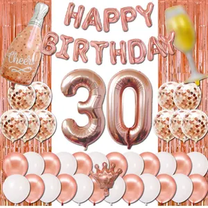 30 생일 장식 로즈 골드 생일 풍선 파티 용품 라텍스 색종이 샴페인 맥주 컵 크라운 번호 30 풍선
