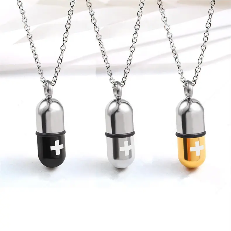 Titanium Steel Two Tone Color Cross Pill Capsule Detachable Perfume Bottle Ashes Urn Box Pendant Necklace