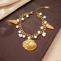 Joyería Bohemia Beach, Brazalete de Acero Inoxidable de Doble Capa con Colgante de Concha, Brazalete de Perlas, Joyería de Moda para Mujer