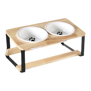 Support en bois pour gamelles de chat, double gamelle en céramique, support incliné pour gamelles de chat avec protection du cou, support anti-renversement pour gamelles d'animaux - Product Image 5