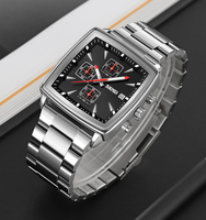 Montre à quartz pour homme OEM avec bracelet en acier inoxydable, cadran en verre, date, chronomètre, logo personnalisé, étanche 3 ATM, boîtier carré, montre tendance