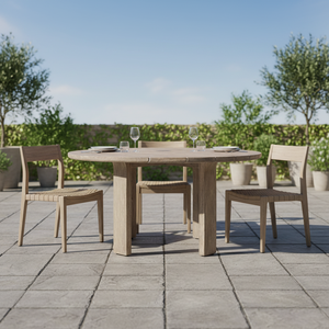 Table à manger ovale en teck durable RH Lagos, plateau massif multi-planches, base cannelée, pieds droits robustes, grain naturel, moderne, pour extérieur - Product Image 1