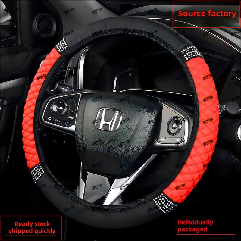 Universal Elastic Leather Steering Wheel Cover - Embroidered Colorful Rhinestone Design - Yiwu Dongf