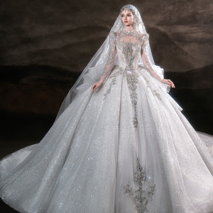 Robe de mariée moderne LSHT118 à col montant et manches longues avec dentelle florale et cristaux, traîne chapelle, coupe princesse - Product Image 1