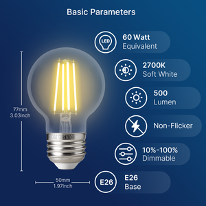 Lámpara de filamento LED global regulable 120V 4W 500 lúmenes G16.5 E26 Bombilla de vidrio Iluminación interior Compatible con varios accesorios - Product Image 2