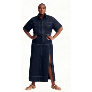 Summer Women's Casual Pocket Short-Sleeve Shirt <b>Split</b> <b>Skirt</b> Denim 2-Piece Set Fashion - Product Image 3