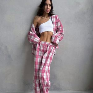 Collezione Primavera Estate Nuovo <span class=keywords><strong>Pigiama</strong></span> Due Pezzi <span class=keywords><strong>a</strong></span> <span class=keywords><strong>Quadri</strong></span> Rossi, Maniche Lunghe, Vita Elasticizzata, Alla Moda, in Flanella Traspirante - Product Image 2