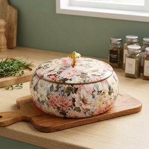 Cazuela de Cerámica Floral con Tapa, Recipiente Redondo para Calentar Alimentos con Revestimiento de Esmalte Aislante - Product Image 5