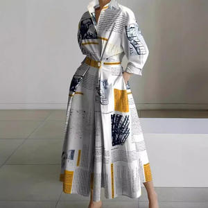 Robe élégante imprimée géométrique pour femmes 2024 été nouvelle mode col rabattu chemise taille élastique grande balançoire robes Robe - Product Image 2