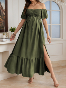 Disponibile Abito Lungo Premaman Estivo con Spalle Scoperte, Maniche Corte con Volant, Vita Arricciata con Coulisse, Orlo a Balze e Taglio a Trapezio - Product Image 3