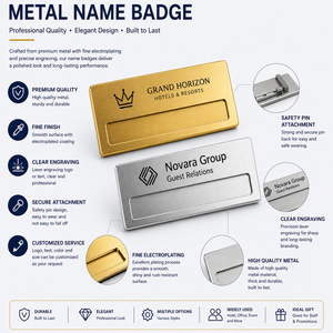 Épingles de revers personnalisées ODM en métal, plusieurs designs or et argent, avec votre propre nom, pour hôtels de luxe et entreprises, badges personnalisés avec logo - Product Image 3
