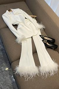 Elegante design Feathers Cuff Lady Office Basic Solid Suit aderente Blazer dentellato pantaloni svasati <span class=keywords><strong>donna</strong></span> Patchwork di <span class=keywords><strong>raso</strong></span> 2 pezzi - Product Image 2