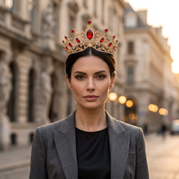 Couronne Tiara Royale Baroque Haut de Gamme Faite à la Main en Alliage avec Cristaux Rouges et Strass pour Mariage, Concours de Beauté, Bijou de Cheveux de Luxe pour Reine