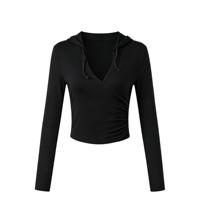 Haut de yoga pour femme, style vintage français, à capuche croisée, froncé, coupe courte et ajustée, en tissu mat, très extensible, respirant et à séchage rapide